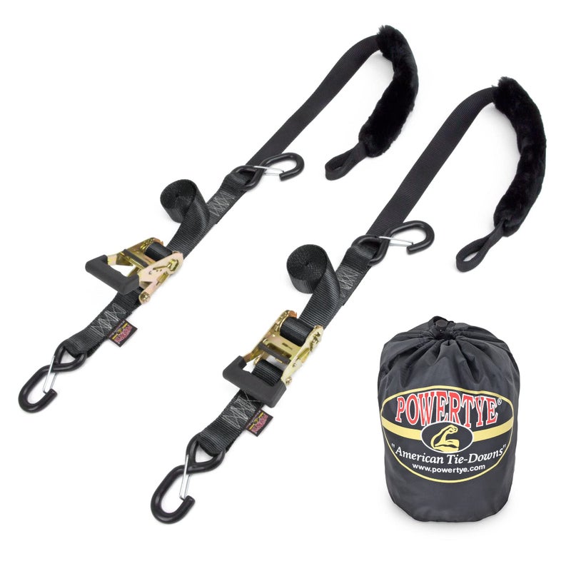 PowerTye 1.5in x 7ft Rubber Handle Ratchet Straps with SHEEPTEX Synthetic Sheepskin Soft-Tye w/Heavy Duty Latch-Hooks - 1,200 lb. WLL / 3,600 lb. Breaking Strength - Made in USA, Black (Pair) - Image 1